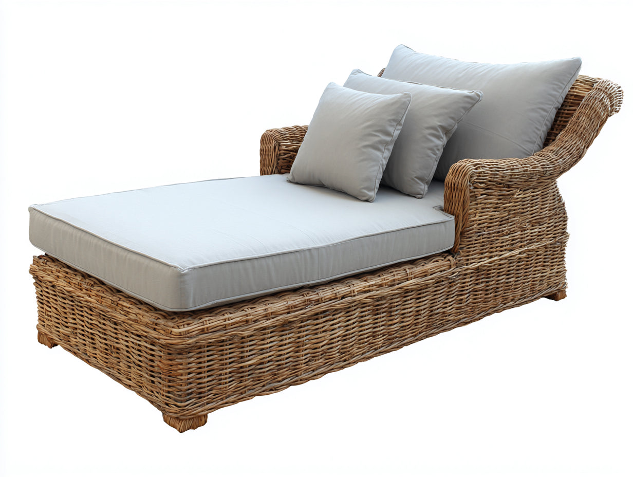 Bain de soleil en rotin tressé 196x83x82 cm - marron naturel et gris clair - style détente pour jardin