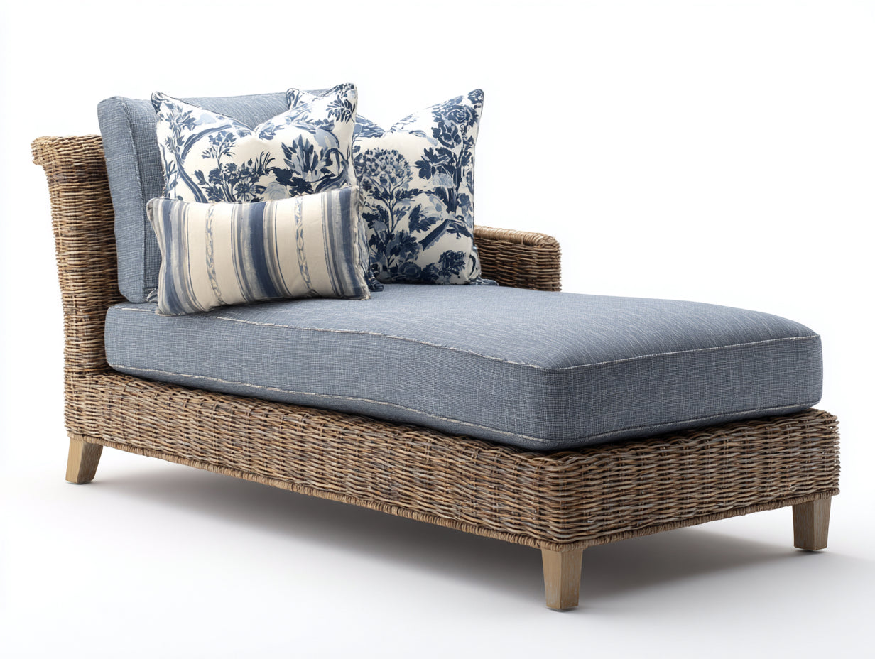 Bain de soleil en rotin tressé 189x80x77 cm - marron naturel et bleu gris - style détente pour jardin