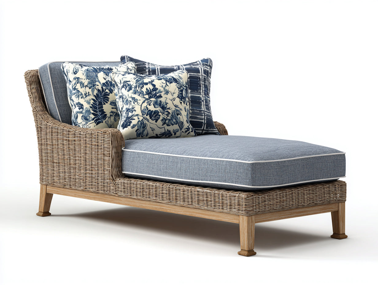 Bain de soleil en rotin tressé 191x79x78 cm - marron naturel et bleu gris - style détente pour jardin
