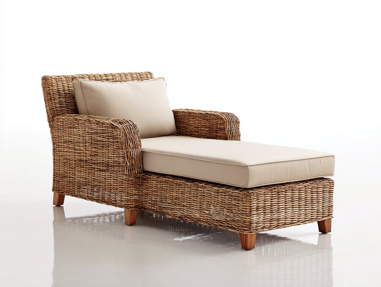Bain de soleil en rotin tressé 181x84x80 cm - marron naturel et beige - style détente pour jardin