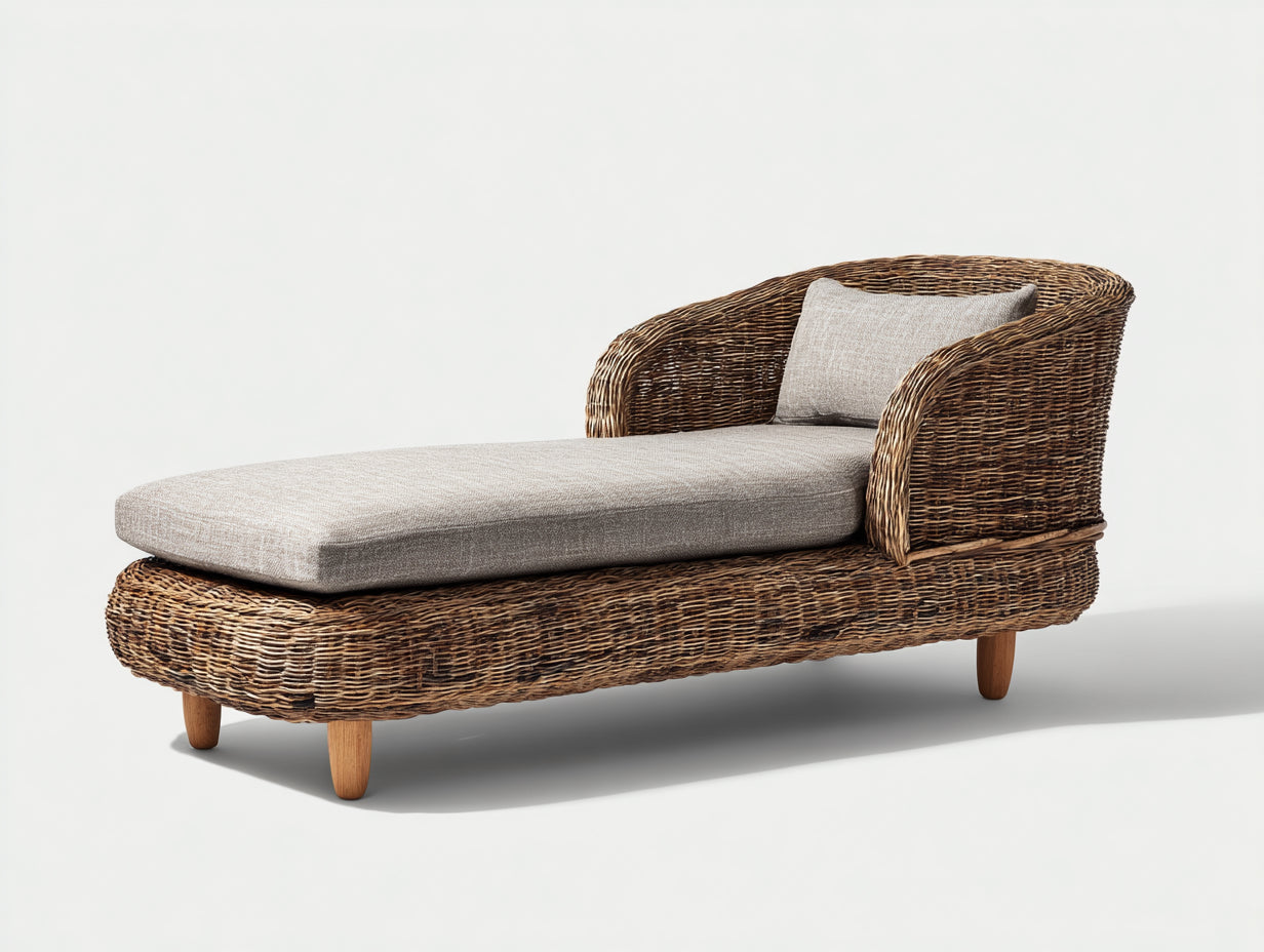 Bain de soleil en rotin tressé 184x78x76 cm - marron naturel et gris clair - style détente pour jardin