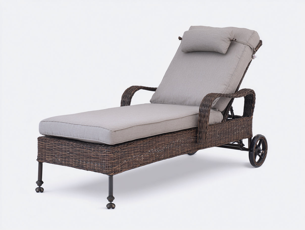 Bain de soleil en résine tressée 198x72x92 cm - marron et gris clair - dossier inclinable pour jardin