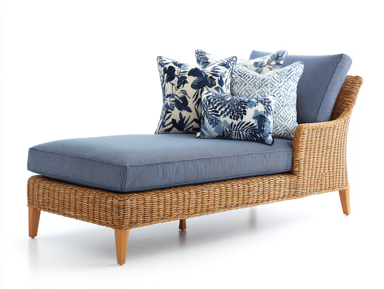 Bain de soleil en rotin tressé 192x80x78 cm - marron naturel et bleu - style détente pour jardin