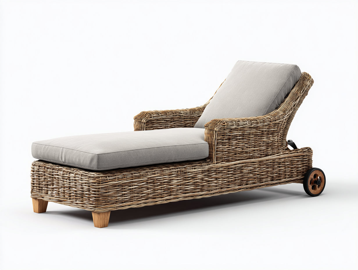 Bain de soleil en rotin tressé 199x76x79 cm - marron naturel et gris clair - dossier inclinable pour jardin