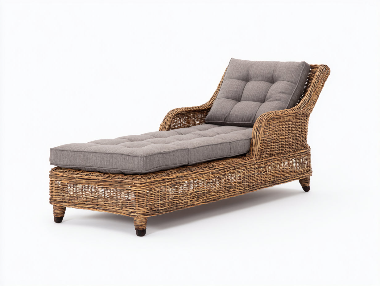 Bain de soleil en rotin tressé 190x75x82 cm - marron naturel et gris taupe - style détente pour jardin